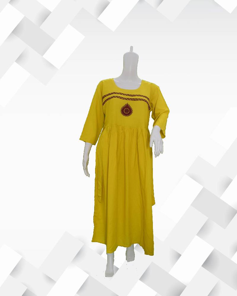 Women's silakaari yellow frock style rayon embroiderey